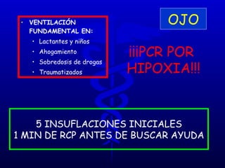 VENTILACIÓN FUNDAMENTAL EN:   Lactantes y niños Ahogamiento  Sobredosis de drogas Traumatizados ¡¡¡PCR POR  HIPOXIA!!! OJO 5 INSUFLACIONES INICIALES 1 MIN DE RCP ANTES DE BUSCAR AYUDA 
