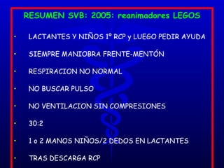 RESUMEN SVB: 2005: reanimadores LEGOS LACTANTES Y NIÑOS 1º RCP y LUEGO PEDIR AYUDA SIEMPRE MANIOBRA FRENTE-MENTÓN RESPIRACION NO NORMAL NO BUSCAR PULSO NO VENTILACION SIN COMPRESIONES 30:2 1 o 2 MANOS NIÑOS/2 DEDOS EN LACTANTES TRAS DESCARGA RCP 