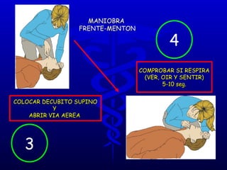 COLOCAR DECUBITO SUPINO Y  ABRIR VIA AEREA  COMPROBAR SI RESPIRA (VER, OIR Y SENTIR) 5-10 seg. MANIOBRA  FRENTE-MENTON 3 4 