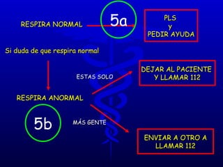 RESPIRA NORMAL PLS  y  PEDIR AYUDA Si duda de que respira normal RESPIRA ANORMAL ESTAS SOLO DEJAR AL PACIENTE  Y LLAMAR 112 MÁS GENTE ENVIAR A OTRO A LLAMAR 112 5a 5b 