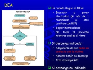 DEA En cuanto llegue el DEA:  Encender y poner electrodos (si más de 1 reanimador el otro continua con RCP) Seguir instrucciones No tocar al paciente mientras analiza el ritmo Si descarga indicada: Asegurarse de que  nadie en contacto con la victima Apretar botón de descarga Tras descarga RCP Si descarga no indicada:  RCP y seguir lo que indica el DEA 