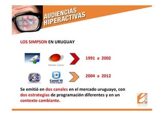 LOS SIMPSON EN URUGUAY
1991 a 2002
2004 a 2012
Se emitió en dos canales en el mercado uruguayo, con
dos estrategias de programación diferentes y en un
contexto cambiante.
 
