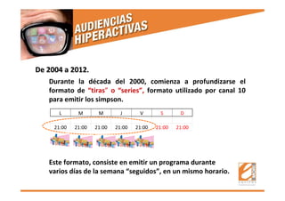 De 2004 a 2012.De 2004 a 2012.
Durante la década del 2000, comienza a profundizarse el
formato de “tiras” o “series”, formato utilizado por canal 10
para emitir los simpson.
Este formato, consiste en emitir un programa durante
varios días de la semana “seguidos”, en un mismo horario.
L M M J V S D
21:00 21:00 21:00 21:00 21:00 21:00 21:00
 