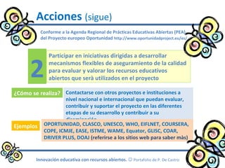 Conforme a la Agenda Regional de Prácticas Educativas Abiertas (PEA)
del Proyecto europeo Oportunidad http://www.oportunidadproject.eu/es/
Acciones (sigue)
Innovación educativa con recursos abiertos.  Portafolio de P. De Castro
Participar en iniciativas dirigidas a desarrollar
mecanismos flexibles de aseguramiento de la calidad
para evaluar y valorar los recursos educativos
abiertos que serà utilizados en el proyecto
Contactarse con otros proyectos e instituciones a
nivel nacional e internacional que puedan evaluar,
contribuir y suportar el proyecto en las diferentes
etapas de su desarrollo y contribuir a su
diseminación
2
¿Cómo se realiza?
Ejemplos OPORTUNIDAD, CLASCO, UNESCO, WHO, EIFLNET, COURSERA,
COPE, ICMJE, EASE, ISTME, WAME, Equator, GLISC, COAR,
DRIVER PLUS, DOAJ (referirse a los sitios web para saber màs)
 