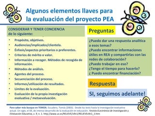 Algunos elementos llaves para
la evaluación del proyecto PEA
• Objeto de la investigación evaluativa.
• Propósito, objetivos.
• Audiencias/implicados/clientela.
• Énfasis/aspectos prioritarios o preferentes.
• Criterios de mérito o valor.
• Información a recoger. Métodos de recogida de
información.
• Métodos de análisis.
• Agentes del proceso.
• Secuenciación del proceso.
• Informes/utilización de resultados.
• Límites de la evaluación.
• Evaluación de la propia investigación
evaluativa / metaevaluación.
13
Para saber más busque en TEMOA. Escudero, Tomás (2003). Desde los tests hasta la investigación evaluativa
actual. Un siglo, el XX, de intenso desarrollo de la evaluación en educación. Revista ELectrónica de Investigación y
EValuación Educativa, v. 9, n. 1. http://www.uv.es/RELIEVE/v9n1/RELIEVEv9n1_1.htm
CONSIDERAR Y TENER CONCIENCIA
de lo siguiente:
¿Puedo dar una respuesta analítica
a esos temas?
¿Puedo encontrar informaciones
útiles en REA y compartirlas con las
redes de colaboración?
¿Puedo trabajar en eso?
¿Tengo el tiempo para hacerlo?
¿ Puedo encontrar financiación?
Preguntas
SI, seguimos adelante!
Respuesta
 