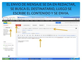 EL ENVIO DE MENSAJE SE DA EN REDACTAR,
  SE BUSCA EL DESTINATARIO, LUEGO SE
    ESCRIBE EL CONTENIDO Y SE ENVIA.
 