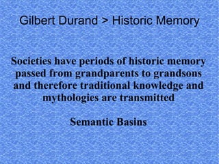 Gilbert Durand > Historic Memory


Societies have periods of historic memory
 passed from grandparents to grandsons
and therefore traditional knowledge and
       mythologies are transmitted

            Semantic Basins
 