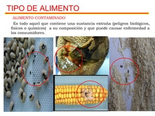 TIPO DE ALIMENTO
ALIMENTO CONTAMINADO
Es todo aquel que contiene una sustancia extraña (peligros biológicos,
físicos o químicos) a su composición y que puede causar enfermedad a
los consumidores.
 