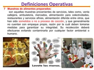 Definiciones Operativas
7 Muestras de alimentos preparados:
son aquellas muestras provenientes de servicios, tales como, venta
callejera, ambulatoria, mercados, alimentación para colectividades,
restaurantes y servicios afines, alimentación diferida entre otros, que
han sido sometidos o no a proceso de cocción, y que generalmente
no cuentan con empaque propio, razón por la cuál deben tomarse
medidas para garantizar su integridad. Su recolección deberá
efectuarse evitando contaminarla por cualquier factor ambiental o
humano.
 