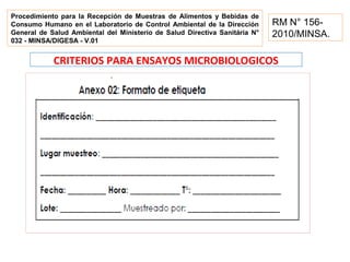CRITERIOS PARA ENSAYOS MICROBIOLOGICOS
Procedimiento para la Recepción de Muestras de Alimentos y Bebidas de
Consumo Humano en el Laboratorio de Control Ambiental de la Dirección
General de Salud Ambiental del Ministerio de Salud Directiva Sanitária N°
032 - MINSA/DIGESA - V.01
RM N° 156-
2010/MINSA.
 