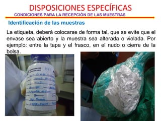 Identificación de las muestras
DISPOSICIONES ESPECÍFICAS
CONDICIONES PARA LA RECEPCIÓN DE LAS MUESTRAS
La etiqueta, deberá colocarse de forma tal, que se evite que el
envase sea abierto y la muestra sea alterada o violada. Por
ejemplo: entre la tapa y el frasco, en el nudo o cierre de la
bolsa.
 
