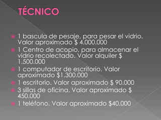 TÉCNICO1 bascula de pesaje, para pesar el vidrio. Valor aproximado $ 4.000.0001 Centro de acopio, para almacenar el vidrio recolectado. Valor alquiler $ 1.500.0001 computador de escritorio. Valor aproximado $1.300.0001 escritorio. Valor aproximado $ 90.0003 sillas de oficina. Valor aproximado $ 450.0001 teléfono. Valor aproximado $40.000
