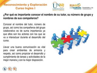 ¿Por qué es importante conocer el nombre de su tutor, su número de grupo y
nombres de sus compañeros?
Reconocimiento y Exploración
Curso Ingles I
Conocer el nombre del tutor, número de
grupo, así como los compañeros del grupo
colaborativo es de suma importancia ya
que ellos son los actores con los que se
va a interactuar durante el desarrollo del
curso.
Llevar una buena comunicación es vital
para crear ambientes de armonía y
respeto, así como propiciar el desarrollo y
cumplimiento de tareas y actividades de la
mejor manera y con la mejor disposición.
 