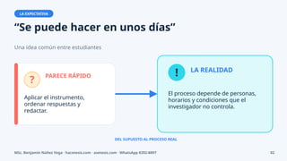 LA EXPECTATIVA
“Se puede hacer en unos días”
Una idea común entre estudiantes
?
PARECE RÁPIDO
Aplicar el instrumento,
ordenar respuestas y
redactar.
! LA REALIDAD
El proceso depende de personas,
horarios y condiciones que el
investigador no controla.
DEL SUPUESTO AL PROCESO REAL
MSc. Benjamín Núñez Vega · hacetesis.com · asetesis.com · WhatsApp 8392-8897 02
 