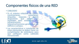 Componentes físicos de una RED
• CABLEADO
• Es el sistema colectivo de cables,
canalizaciones, conectores,
etiquetas, espacios y demás
dispositivos que deben ser
instalados para establecer una
infraestructura de
telecomunicaciones genérica en un
edificio o campus.
• Las características e instalación de
estos elementos se deben hacer en
cumplimiento de estándares para
que califiquen como cableado
estructurado.
 
