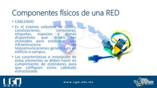 Componentes físicos de una RED
• CABLEADO
• Es el sistema colectivo de cables,
canalizaciones, conectores,
etiquetas, espacios y demás
dispositivos que deben ser
instalados para establecer una
infraestructura de
telecomunicaciones genérica en un
edificio o campus.
• Las características e instalación de
estos elementos se deben hacer en
cumplimiento de estándares para
que califiquen como cableado
estructurado.
 