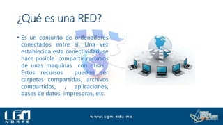 ¿Qué es una RED?
• Es un conjunto de ordenadores
conectados entre si. Una vez
establecida esta conectividad, se
hace posible compartir recursos
de unas maquinas con otras .
Estos recursos pueden ser
carpetas compartidas, archivos
compartidos, , aplicaciones,
bases de datos, impresoras, etc.
 
