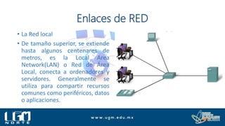 Enlaces de RED
• La Red local
• De tamaño superior, se extiende
hasta algunos centenares de
metros, es la Local Area
Network(LAN) o Red de Área
Local, conecta a ordenadores y
servidores. Generalmente se
utiliza para compartir recursos
comunes como periféricos, datos
o aplicaciones.
 