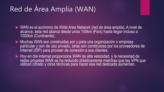 Red de Área Amplia (WAN)
 WAN es el acrónimo de Wide Area Network (red de área amplia). A nivel de
alcance, esta red abarca desde unos 100km (País) hasta llegar incluso a
1000km (Continente).
 Muchas WAN son construidas por y para una organización o empresa
particular y son de uso privado, otras son construidas por los proveedores de
Internet (ISP) para proveer de conexión a sus clientes.
 Hoy en día Internet proporciona WAN de alta velocidad, y la necesidad de
redes privadas WAN se ha reducido drásticamente mientras que las VPN que
utilizan cifrado y otras técnicas para hacer esa red dedicada aumentan.
 