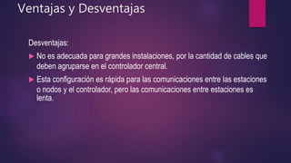 Ventajas y Desventajas
Desventajas:
 No es adecuada para grandes instalaciones, por la cantidad de cables que
deben agruparse en el controlador central.
 Esta configuración es rápida para las comunicaciones entre las estaciones
o nodos y el controlador, pero las comunicaciones entre estaciones es
lenta.
 