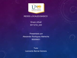 TRABAJO FINAL
REDES LOCALES BASICO
Grupo virtual
301121A_220
Presentado por
Alexander Rodriguez Mahecha
80006851
Tutor
Leonardo Bernal Zamora
 