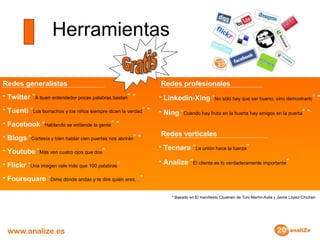 Herramientas Redes generalistas   Twitter   “ A buen entendedor pocas palabras bastan ” * Tuenti   “ Los borrachos y los niños siempre dicen la verdad ” * Facebook  “ Hablando se entiende la gente ” * Blogs  “ Cortesía y bien hablar cien puertas nos abrirán ” * Youtube   “ Más ven cuatro ojos que dos ” Flickr  “ Una imagen vale más que 100 palabras ” Foursquare  “ Dime dónde andas y te diré quién eres … ” Redes profesionales Linkedin-Xing  “ No sólo hay que ser bueno, sino demostrarlo ” * Ning  “ Cuando hay fruta en la huerta hay amigos en la puerta ” * Redes verticales Tecnara  “ La unión hace la fuerza ”   Analize   “ El cliente es lo verdaderamente importante ” * Basado en El manifiesto Cluetrain de Toni Martín-Avila y Jaime López-Chicheri Gratis 