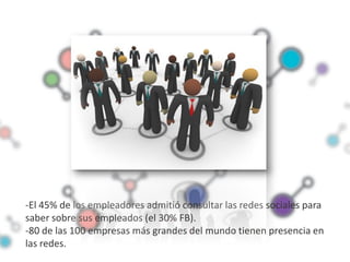 -El 45% de los empleadores admitió consultar las redes sociales para
saber sobre sus empleados (el 30% FB).
-80 de las 100 empresas más grandes del mundo tienen presencia en
las redes.
 