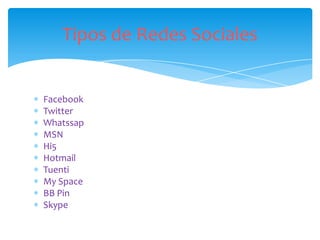 Tipos de Redes Sociales


Facebook
Twitter
Whatssap
MSN
Hi5
Hotmail
Tuenti
My Space
BB Pin
Skype
 