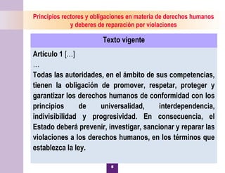 6
Principios rectores y obligaciones en materia de derechos humanos
y deberes de reparación por violaciones
Texto vigente
Artículo 1 […]
…
Todas las autoridades, en el ámbito de sus competencias,
tienen la obligación de promover, respetar, proteger y
garantizar los derechos humanos de conformidad con los
principios de universalidad, interdependencia,
indivisibilidad y progresividad. En consecuencia, el
Estado deberá prevenir, investigar, sancionar y reparar las
violaciones a los derechos humanos, en los términos que
establezca la ley.
5
 