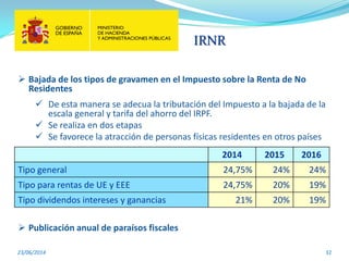 IRNR
23/06/2014 32
2014 2015 2016
Tipo general 24,75% 24% 24%
Tipo para rentas de UE y EEE 24,75% 20% 19%
Tipo dividendos intereses y ganancias 21% 20% 19%
 Bajada de los tipos de gravamen en el Impuesto sobre la Renta de No
Residentes
 De esta manera se adecua la tributación del Impuesto a la bajada de la
escala general y tarifa del ahorro del IRPF.
 Se realiza en dos etapas
 Se favorece la atracción de personas físicas residentes en otros países
 Publicación anual de paraísos fiscales
 