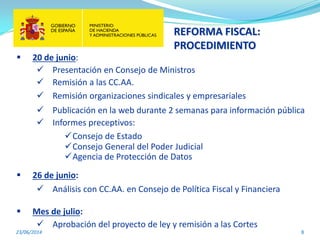 REFORMA FISCAL:
PROCEDIMIENTO
23/06/2014 8
 20 de junio:
 Presentación en Consejo de Ministros
 Remisión a las CC.AA.
 Remisión organizaciones sindicales y empresariales
 Publicación en la web durante 2 semanas para información pública
 Informes preceptivos:
Consejo de Estado
Consejo General del Poder Judicial
Agencia de Protección de Datos
 26 de junio:
 Análisis con CC.AA. en Consejo de Política Fiscal y Financiera
 Mes de julio:
 Aprobación del proyecto de ley y remisión a las Cortes
 