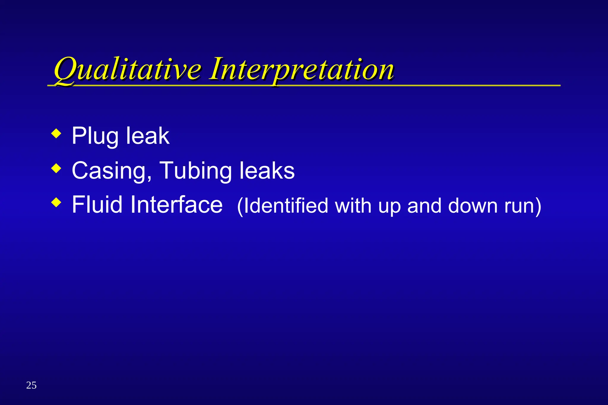 25
Qualitative Interpretation
Qualitative Interpretation
 Plug leak
 Casing, Tubing leaks
 Fluid Interface (Identified with up and down run)
 