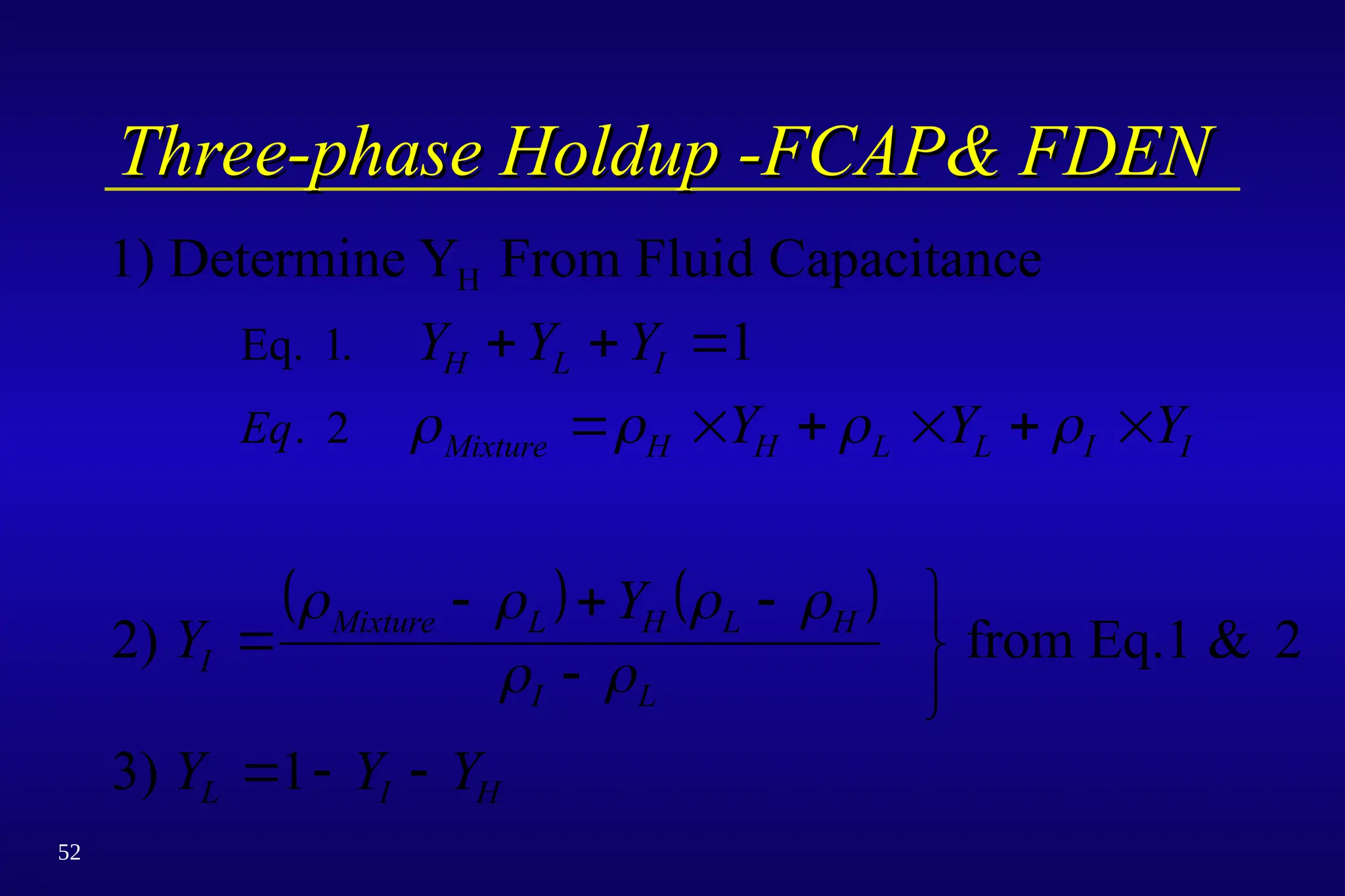 52
Three-phase Holdup -FCAP& FDEN
Three-phase Holdup -FCAP& FDEN
   
1) Determine Y From Fluid Capacitance
2) from Eq.1 & 2
3)
H
Eq. 1.
.
Y Y Y
Y Y Y
Y
Y
Y Y Y
H L I
Mixture H H L L I I
I
Mixture L H L H
I L
L I H
Eq
  
     

  




  
1
1
2    
   
 
 
