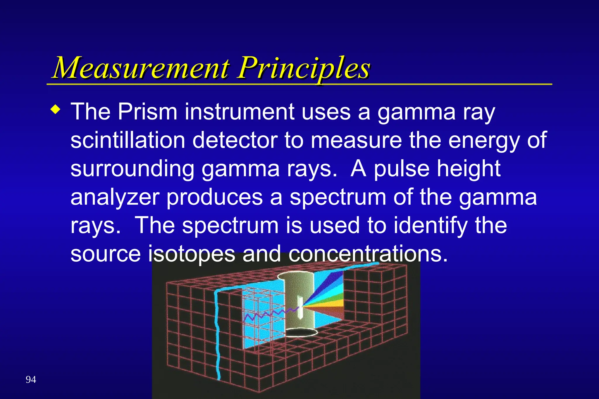 94
Measurement Principles
Measurement Principles
 The Prism instrument uses a gamma ray
scintillation detector to measure the energy of
surrounding gamma rays. A pulse height
analyzer produces a spectrum of the gamma
rays. The spectrum is used to identify the
source isotopes and concentrations.
 
