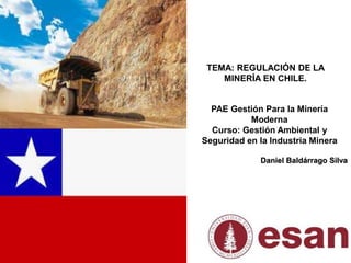 Daniel Baldárrago Silva
TEMA: REGULACIÓN DE LA
MINERÍA EN CHILE.
PAE Gestión Para la Minería
Moderna
Curso: Gestión Ambiental y
Seguridad en la Industria Minera
 