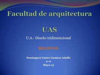 U.A.- Diseño tridimencional
RELIEVES
Dominguez Castro Gustavo Adolfo
2–6
Mayo-13
 