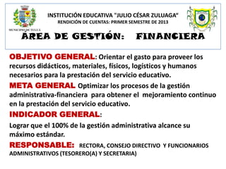 INSTITUCIÓN EDUCATIVA "JULIO CÉSAR ZULUAGA“
RENDICIÓN DE CUENTAS: PRIMER SEMESTRE DE 2013

ÁREA DE GESTIÓN:

FINANCIERA

OBJETIVO GENERAL: Orientar el gasto para proveer los
recursos didácticos, materiales, físicos, logísticos y humanos
necesarios para la prestación del servicio educativo.
META GENERAL Optimizar los procesos de la gestión
administrativa-financiera para obtener el mejoramiento continuo
en la prestación del servicio educativo.
INDICADOR GENERAL:
Lograr que el 100% de la gestión administrativa alcance su
máximo estándar.
RESPONSABLE: RECTORA, CONSEJO DIRECTIVO Y FUNCIONARIOS
ADMINISTRATIVOS (TESORERO(A) Y SECRETARIA)

 