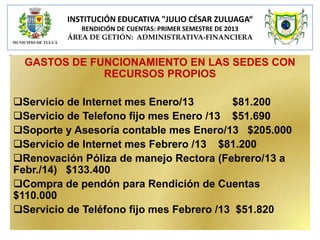INSTITUCIÓN EDUCATIVA "JULIO CÉSAR ZULUAGA“
RENDICIÓN DE CUENTAS: PRIMER SEMESTRE DE 2013
ÁREA DE GETIÓN: ADMINISTRATIVA-FINANCIERA

GASTOS DE FUNCIONAMIENTO EN LAS SEDES CON
RECURSOS PROPIOS
Servicio de Internet mes Enero/13
$81.200
Servicio de Telefono fijo mes Enero /13 $51.690
Soporte y Asesoría contable mes Enero/13 $205.000
Servicio de Internet mes Febrero /13 $81.200
Renovación Póliza de manejo Rectora (Febrero/13 a
Febr./14) $133.400
Compra de pendón para Rendición de Cuentas
$110.000
Servicio de Teléfono fijo mes Febrero /13 $51.820

 