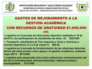 INSTITUCIÓN EDUCATIVA "JULIO CÉSAR ZULUAGA“
RENDICIÓN DE CUENTAS: PRIMER SEMESTRE DE 2013
ÁREA DE GETIÓN: ADMINISTRATIVA-FINANCIERA

GASTOS DE MEJORAMIENTO A LA
GESTIÓN ACADÉMICA
CON RECURSOS DE GRATUIDAD $1.650.600
ASÍ:
Logística en la jornada de intercambio deportivo realizada el 19 de
abril/13, con participación de estudiantes de otras I.E. $220.000
 Transporte estudiantes de Tres esquinas a Tuluá y viceversa a
eventos deportivos el 3 y 9 de mayo/13. $90.00
Logística en la jornada de fortalecimiento de las relaciones laborales
dentro del clima escolar como apoyo a la gestión académica, realizada
mayo 29/13 $274.000
Logística para desarrollar acto cívico-cultural por conmemoración del
día de la Colombianidad, afrocolombianidad, vallecaucanidad y
municipalidad. $175.000

 