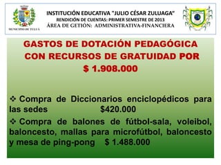 INSTITUCIÓN EDUCATIVA "JULIO CÉSAR ZULUAGA“
RENDICIÓN DE CUENTAS: PRIMER SEMESTRE DE 2013
ÁREA DE GETIÓN: ADMINISTRATIVA-FINANCIERA

GASTOS DE DOTACIÓN PEDAGÓGICA
CON RECURSOS DE GRATUIDAD POR
$ 1.908.000
 Compra de Diccionarios enciclopédicos para
las sedes
$420.000
 Compra de balones de fútbol-sala, voleibol,
baloncesto, mallas para microfútbol, baloncesto
y mesa de ping-pong $ 1.488.000

 