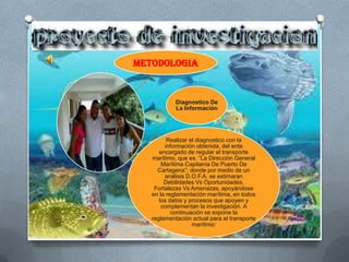 METODOLOGIA


            Diagnostico De
            La Información




         Realizar el diagnostico con la
        información obtenida, del ente
      encargado de regular el transporte
   marítimo, que es. “La Dirección General
       Marítima Capitanía De Puerto De
     Cartagena”; donde por medio de un
        análisis D.O.F.A. se estimaran
        Debilidades Vs Oportunidades,
    Fortalezas Vs Amenazas, apoyándose
   en la reglamentación marítima, en todos
      los datos y procesos que apoyen y
       complementan la investigación. A
           continuación se expone la
   reglamentación actual para el transporte
                   marítimo:
 