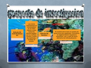 Las naves
                  colombianas se
                                                    CAPITULO I
                   individualizan
                     en el orden
                   interno y para
  Artículo 84.         todos los                       El nombre de la nave no puede ser
Individualizaci   efectos legales,   Artículo 85.    igual al de otra registrada. A tal efecto,
      ón:         por su nombre,      Nombre:             la reglamentación regulará la
                  número, puerto                        imposición, uso y cese de dicho
                   de matrícula y                         elemento de individualización.
                     tonelaje de
                        arqueo.
 