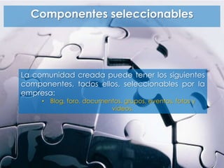 Componentes seleccionables
La comunidad creada puede tener los siguientes
componentes, todos ellos, seleccionables por la
empresa:
• Blog, foro, documentos, grupos, eventos, fotos y
videos.
 
