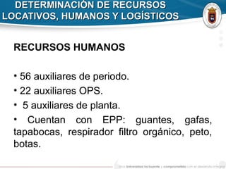 DETERMINACIÓN DE RECURSOSDETERMINACIÓN DE RECURSOS
LOCATIVOS, HUMANOS Y LOGÍSTICOSLOCATIVOS, HUMANOS Y LOGÍSTICOS
RECURSOS HUMANOS
• 56 auxiliares de periodo.
• 22 auxiliares OPS.
• 5 auxiliares de planta.
• Cuentan con EPP: guantes, gafas,
tapabocas, respirador filtro orgánico, peto,
botas.
 
