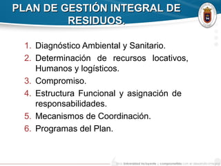PLAN DE GESTIÓN INTEGRAL DEPLAN DE GESTIÓN INTEGRAL DE
RESIDUOS.RESIDUOS.
1. Diagnóstico Ambiental y Sanitario.
2. Determinación de recursos locativos,
Humanos y logísticos.
3. Compromiso.
4. Estructura Funcional y asignación de
responsabilidades.
5. Mecanismos de Coordinación.
6. Programas del Plan.
 