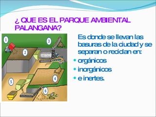 ¿ QUE ES EL PARQUE AMBIENTAL PALANGANA? Es donde se llevan las basuras de la ciudad y se separan o reciclan en:  orgánicos inorgánicos  e inertes. 