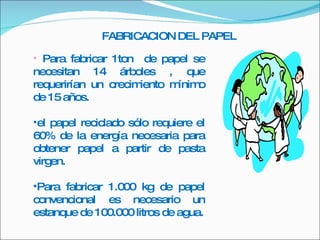 Para fabricar 1ton  de papel se necesitan 14 árboles , que requerirían un crecimiento mínimo de 15 años. el papel reciclado sólo requiere el 60% de la energía necesaria para obtener papel a partir de pasta virgen. Para fabricar 1.000 kg de papel convencional es necesario un estanque de 100.000 litros de agua. FABRICACION DEL PAPEL 