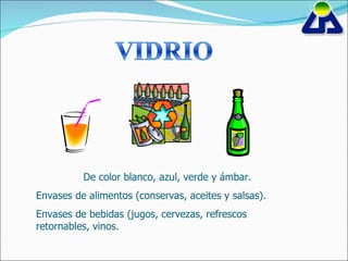 De color blanco, azul, verde y ámbar.  Envases de alimentos (conservas, aceites y salsas). Envases de bebidas (jugos, cervezas, refrescos retornables, vinos. 