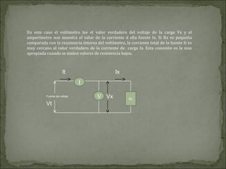 En este caso el voltímetro lee el valor verdadero del voltaje de la carga Vx y el
amperímetro nos muestra el valor de la corriente d ella fuente Ix. Si Rx es pequeña
comparada con la resistencia interna del voltímetro, la corriente total de la fuente It es
muy cercano al valor verdadero de la corriente de carga Ix. Esta conexión es la mas
apropiada cuando se miden valores de resistencia bajos.
I
Rx
V Vx
It Ix
Fuente de voltaje
Vt
 