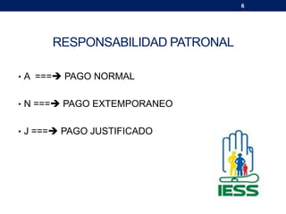 6
RESPONSABILIDAD PATRONAL
• A === PAGO NORMAL
• N === PAGO EXTEMPORANEO
• J === PAGO JUSTIFICADO
 
